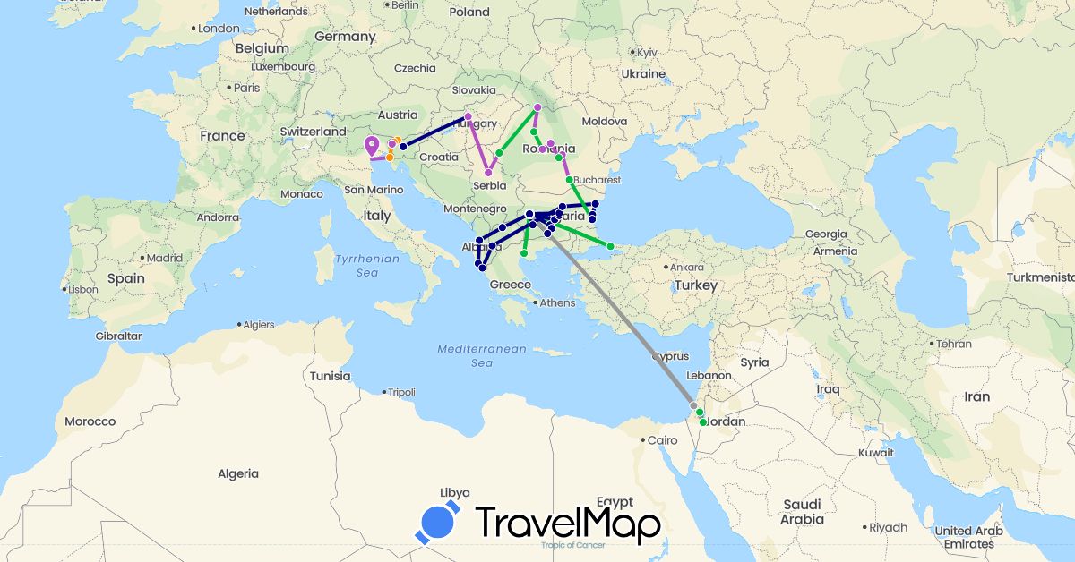 TravelMap itinerary: driving, bus, plane, train, hitchhiking in Albania, Bulgaria, Greece, Hungary, Israel, Italy, Macedonia, Romania, Serbia, Slovenia, Turkey (Asia, Europe)