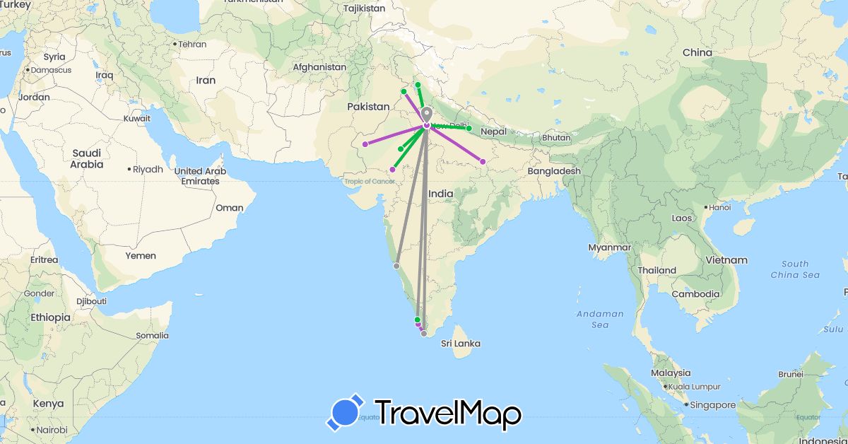 TravelMap itinerary: driving, bus, plane, train in India, Nepal (Asia)